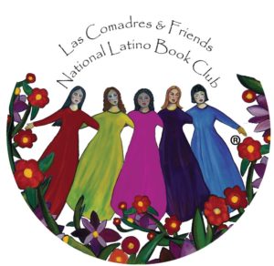 Logo for the Las Comadres & Friends National Latino Book Club, featuring five women, each wearing a long dress